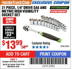 Harbor Freight ITC Coupon 21 PIECE HIGH VISIBILITY 1/4" DRIVE SAE/METRIC SOCKET SET Lot No. 62303/67905 Expired: 3/24/20 - $13.99