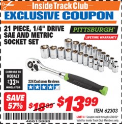 Harbor Freight ITC Coupon 21 PIECE HIGH VISIBILITY 1/4" DRIVE SAE/METRIC SOCKET SET Lot No. 62303/67905 Expired: 4/30/20 - $13.99