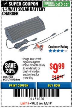 Harbor Freight Coupon 1.5 WATT SOLAR BATTERY CHARGER Lot No. 62449/64251/44768/68692 Expired: 8/15/18 - $9.99
