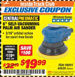 Harbor Freight ITC Coupon 6" SELF-VACUUMING AIR PALM SANDER Lot No. 60628/98895 Expired: 10/31/19 - $19.99