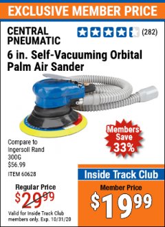 Harbor Freight ITC Coupon 6" SELF-VACUUMING AIR PALM SANDER Lot No. 60628/98895 Expired: 10/31/20 - $19.99