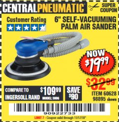 Harbor Freight Coupon 6" SELF-VACUUMING AIR PALM SANDER Lot No. 60628/98895 Expired: 11/17/18 - $19.99