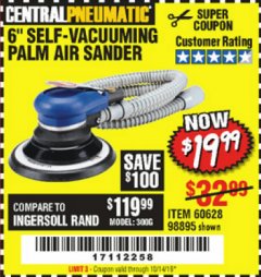 Harbor Freight Coupon 6" SELF-VACUUMING AIR PALM SANDER Lot No. 60628/98895 Expired: 10/14/19 - $19.99