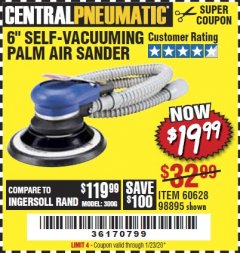 Harbor Freight Coupon 6" SELF-VACUUMING AIR PALM SANDER Lot No. 60628/98895 Expired: 1/23/20 - $19.99