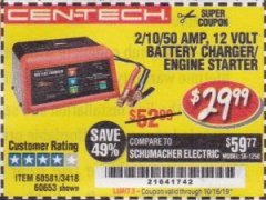 Harbor Freight Coupon 12 VOLT, 2/10/50 AMP BATTERY CHARGER/ENGINE STARTER Lot No. 66783/60581/60653/62334 Expired: 10/16/19 - $29.99