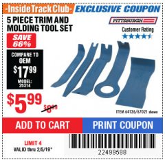 Harbor Freight ITC Coupon 5 PIECE AUTO TRIM AND MOLDING TOOL SET Lot No. 67021/95432 Expired: 2/5/19 - $5.99