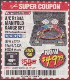 Harbor Freight Coupon A/C R134A MANIFOLD GAUGE SET Lot No. 60806/62707/92649 Expired: 7/31/19 - $49.99