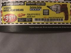 Harbor Freight Coupon 14 GAUGE SWIVEL HEAD SHEAR Lot No. 62213/68199 Expired: 5/31/19 - $39.99