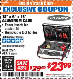 Harbor Freight ITC Coupon 18" x 6" x 13" ALUMINUM CASE WITH FOAM INSERTS Lot No. 62271/69318 Expired: 4/30/20 - $23.99