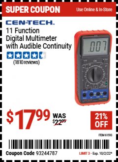 Harbor Freight Coupon 11 FUNCTION DIGITAL MULTIMETER WITH AUDIBLE CONTINUITY Lot No. 61593/37772 EXPIRES: 10/2/22 - $17.99
