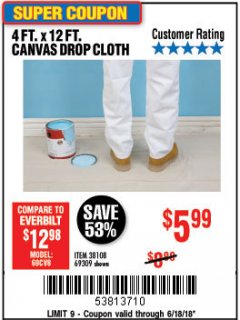 Harbor Freight Coupon 4 FT. x 12 FT. CANVAS DROP CLOTH Lot No. 69309/38108 Expired: 6/18/18 - $5.99