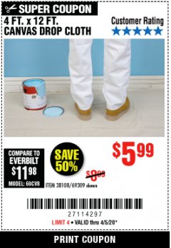 Harbor Freight Coupon 4 FT. x 12 FT. CANVAS DROP CLOTH Lot No. 69309/38108 Expired: 6/30/20 - $5.99