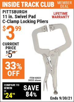 Harbor Freight ITC Coupon 11" SWIVEL PAD LOCKING PLIERS Lot No. 60820/39535 Expired: 9/30/21 - $3.99