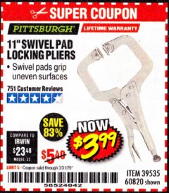 Harbor Freight Coupon 11" SWIVEL PAD LOCKING PLIERS Lot No. 60820/39535 Expired: 3/31/20 - $3.99