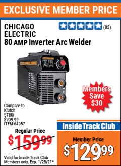 Harbor Freight ITC Coupon 80 AMP INVERTER ARC WELDER Lot No. 64057 Expired: 1/28/21 - $129.99