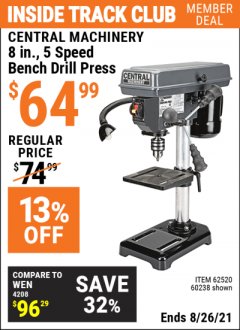 Harbor Freight ITC Coupon 8", 5 SPEED BENCH MOUNT DRILL PRESS Lot No. 60238/62390/62520/44506/38119 Expired: 8/26/21 - $64.99