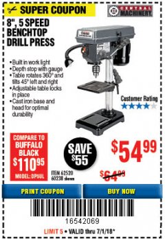 Harbor Freight Coupon 8", 5 SPEED BENCH MOUNT DRILL PRESS Lot No. 60238/62390/62520/44506/38119 Expired: 7/1/18 - $54.99