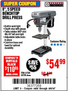 Harbor Freight Coupon 8", 5 SPEED BENCH MOUNT DRILL PRESS Lot No. 60238/62390/62520/44506/38119 Expired: 8/6/18 - $54.99