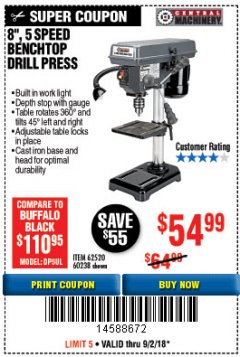 Harbor Freight Coupon 8", 5 SPEED BENCH MOUNT DRILL PRESS Lot No. 60238/62390/62520/44506/38119 Expired: 9/2/18 - $54.99