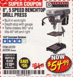 Harbor Freight Coupon 8", 5 SPEED BENCH MOUNT DRILL PRESS Lot No. 60238/62390/62520/44506/38119 Expired: 2/28/19 - $54.99