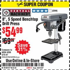 Harbor Freight Coupon 8", 5 SPEED BENCH MOUNT DRILL PRESS Lot No. 60238/62390/62520/44506/38119 Expired: 9/21/20 - $54.99