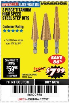Harbor Freight Coupon 3 PIECE TITANIUM NITRIDE COATED HIGH SPEED STEEL STEP DRILLS Lot No. 91616/69087/60379 Expired: 12/2/18 - $7.99