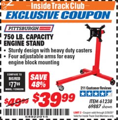 Harbor Freight ITC Coupon 750 LB. CAPACITY ENGINE STAND Lot No. 32915/69887/61238 Expired: 2/29/20 - $39.99