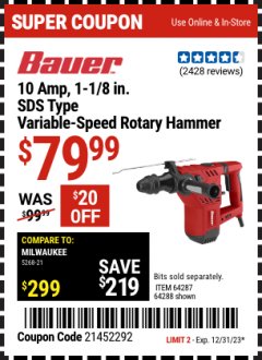 Harbor Freight Coupon 1-1/8 IN. 10 AMP HEAVY DUTY SDS VARIABLE SPEED ROTARY HAMMER Lot No. 61882/69274 Expired: 12/31/23 - $79.99