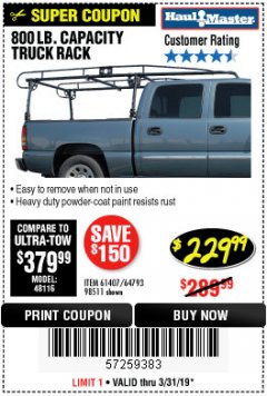 Harbor Freight Coupon 800 LB. CAPACITY FULL SIZE TRUCK RACK Lot No. 61407/98511 Expired: 3/31/19 - $229.99