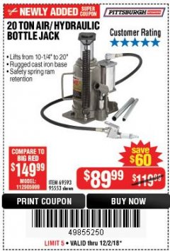 Harbor Freight Coupon 20 TON AIR/HYDRAULIC BOTTLE JACK Lot No. 59426 Expired: 12/2/18 - $89.99