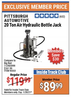 Harbor Freight ITC Coupon 20 TON AIR/HYDRAULIC BOTTLE JACK Lot No. 59426 Expired: 1/28/21 - $89.99