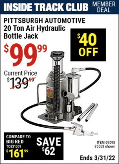 Harbor Freight ITC Coupon 20 TON AIR/HYDRAULIC BOTTLE JACK Lot No. 59426 Expired: 3/31/22 - $99.99