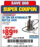 Harbor Freight Coupon 20 TON AIR/HYDRAULIC BOTTLE JACK Lot No. 59426 Expired: 7/10/17 - $89.99