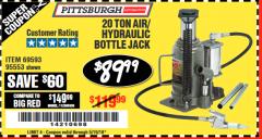 Harbor Freight Coupon 20 TON AIR/HYDRAULIC BOTTLE JACK Lot No. 59426 Expired: 5/19/18 - $89.99