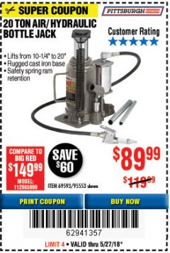 Harbor Freight Coupon 20 TON AIR/HYDRAULIC BOTTLE JACK Lot No. 59426 Expired: 5/27/18 - $89.99