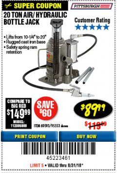 Harbor Freight Coupon 20 TON AIR/HYDRAULIC BOTTLE JACK Lot No. 59426 Expired: 8/31/18 - $89.99