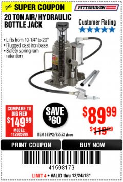 Harbor Freight Coupon 20 TON AIR/HYDRAULIC BOTTLE JACK Lot No. 59426 Expired: 12/24/18 - $89.99