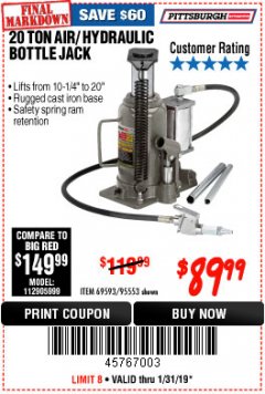 Harbor Freight Coupon 20 TON AIR/HYDRAULIC BOTTLE JACK Lot No. 59426 Expired: 1/31/19 - $89.99