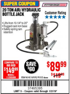 Harbor Freight Coupon 20 TON AIR/HYDRAULIC BOTTLE JACK Lot No. 59426 Expired: 1/21/19 - $89.99