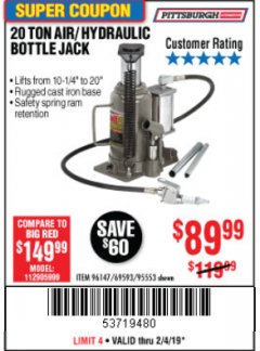 Harbor Freight Coupon 20 TON AIR/HYDRAULIC BOTTLE JACK Lot No. 59426 Expired: 2/4/19 - $89.99
