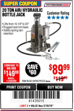 Harbor Freight Coupon 20 TON AIR/HYDRAULIC BOTTLE JACK Lot No. 59426 Expired: 2/18/19 - $89.99
