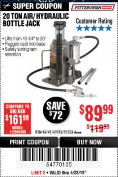 Harbor Freight Coupon 20 TON AIR/HYDRAULIC BOTTLE JACK Lot No. 59426 Expired: 4/28/19 - $89.99