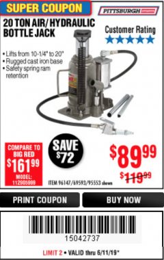 Harbor Freight Coupon 20 TON AIR/HYDRAULIC BOTTLE JACK Lot No. 59426 Expired: 6/11/19 - $89.99