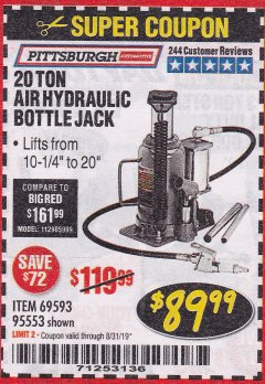 Harbor Freight Coupon 20 TON AIR/HYDRAULIC BOTTLE JACK Lot No. 59426 Expired: 8/31/19 - $89.99