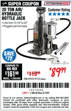 Harbor Freight Coupon 20 TON AIR/HYDRAULIC BOTTLE JACK Lot No. 59426 Expired: 2/7/20 - $89.99