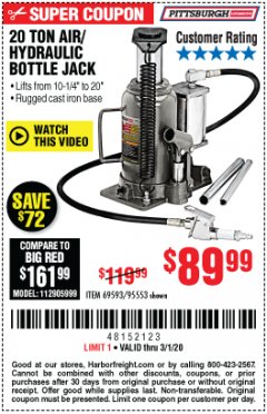 Harbor Freight Coupon 20 TON AIR/HYDRAULIC BOTTLE JACK Lot No. 59426 Expired: 3/1/20 - $89.99