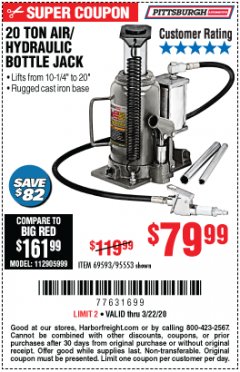 Harbor Freight Coupon 20 TON AIR/HYDRAULIC BOTTLE JACK Lot No. 59426 Expired: 3/22/20 - $79.99