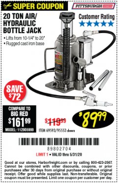 Harbor Freight Coupon 20 TON AIR/HYDRAULIC BOTTLE JACK Lot No. 59426 Expired: 6/30/20 - $89.99