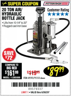 Harbor Freight Coupon 20 TON AIR/HYDRAULIC BOTTLE JACK Lot No. 59426 Expired: 6/30/20 - $89.99