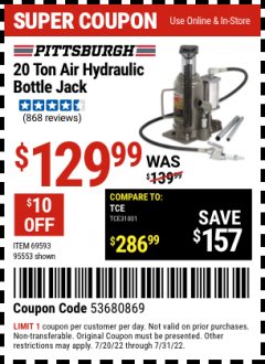 Harbor Freight Coupon 20 TON AIR/HYDRAULIC BOTTLE JACK Lot No. 59426 Expired: 7/31/22 - $129.99